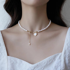 Korean Pearl Chain Choker Necklace for Women Girls Trend Jewelry Heart Tassel Pendant Necklace Bridal Engagement Gift