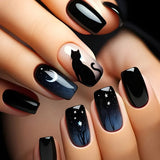 Qfdian  Y2K Star Press on Nails Gradient Black Fake Nails Medium Length Square False Nails Moon Designs for Women Girls Party Daily Use