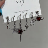 Qfdian  6PCS Gothic Red Crystal Heart Cross Star Pendant Earrings Set For Women Men Trend Punk Grunge Y2K Aesthetic Jewelry Accessories