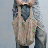 Qfdian  Trendy Grunge Vintage Tote Bags Fashion Women Casual Crochet Handbags All Match Hollow Out Shoulder Underarm Bag Y2k Aesthetic