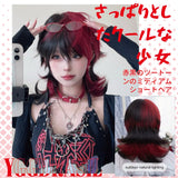 Qfdian 16Inch Handsome Girl Cosplay Black Red Synthetic Wigs With Bangs Medium Natural Wavy Hair Wig for Man or Women Heat Resistant