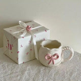 Qfdian Ins-style girly girl hand-held bowknot coffee cup, afternoon tea ceramic cup, cute mug