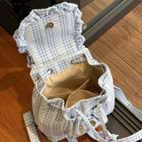 Qfdian Korean Ins Lace Plaid Casual Backpack Y2k Aesthetic Ruffled Mini Schoolbags Fashion Sweet All Match Preppy Backpacks Streetwear