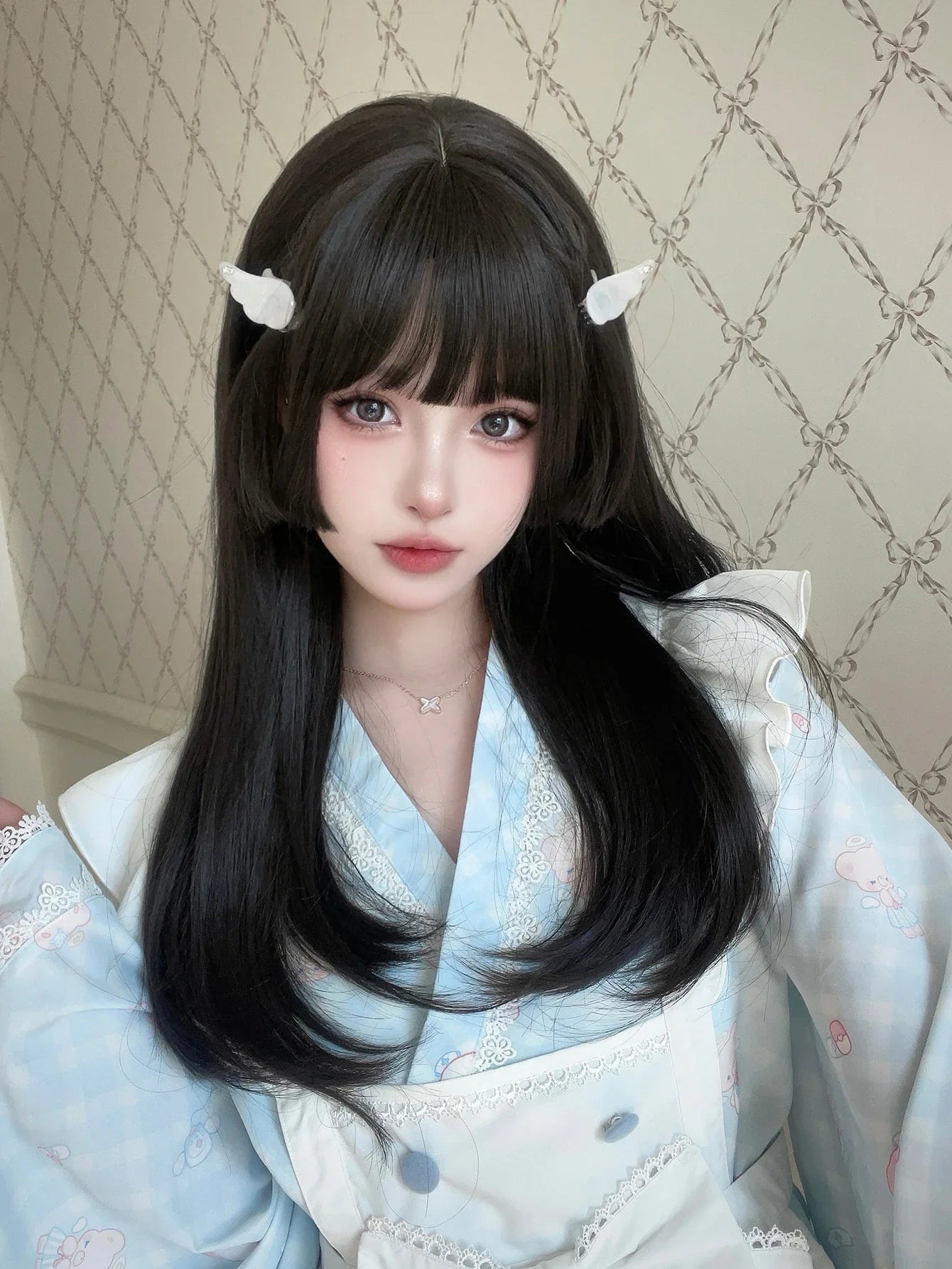 Qfdian 22Inch Black Lolita Hime Cut Synthetic Wigs with Bang Long Natural Straight Hair Wig for Women Daily Use Cosplay Heat Resistant