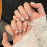 Qfdian  10pcs Handmade Sweet Fake Nails Aurora Gradient Pink False Nail Patches Full Cover Wearable Sweet Korean Flowers Press on Nails