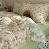 Qfdian  Ins Bedding Set Princess Floral Lace Simple 4pcs Bedding for Girls Woman Quilt Cover Sheet And Pillowcase Spring Home Textiles