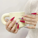Qfdian 10PCS Handmade Rose Red Almond Fake Nails Diamond Decor Wearable Long Ballet False Nails Shiny Sequin Press On Nail Tips