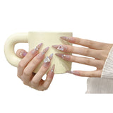 Qfdian 10pcs detachable gradient pink French rhinestones long almond press on nails handmade acrylic stiletto fake nails tips