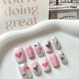 Qfdian Handmade Fake Nails Short Pink Y2K Press on Nails Spicy Girl Rhinestone Love Heart Designs Manicure for Women Girls