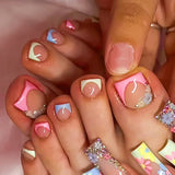 Qfdian 24Pcs Butterfly Design False Toe Nails with Rhinestone Short French Press on Fake Nails Wearable Finished Full Cover Nail Tips