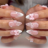 Qfdian  24pcs Press on Fake Nails Set Almond Wearable Simple French Flower False Nail Art Gold Beads Design Diamond Manicure Tips