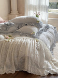 Qfdian French Lace Ruffles Princess Wedding Bedding Set Pure Cotton Double Layer Yarn Soft Duvet Cover Flat/Fitted Bed Sheet Pillowcase