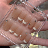 Qfdian Handmade Press on Nails French Pink Gradient Short Fake Nails Rhinestone Design False Nail Tips Wearable Reusable Nail Tip