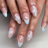 Qfdian  24Pcs Mid-length 3D Flowers Design Fingertips Sweet Butterfly Yellow Ripple Almond False Nails Detachable Full Cover Press Ons