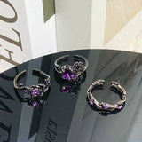 Qfdian Gothic Y2K Purple Crystal Flower Irregular Open Ring For Women Girl Aesthetic Vintage Halloween Grunge EMO Accessories Jewelry