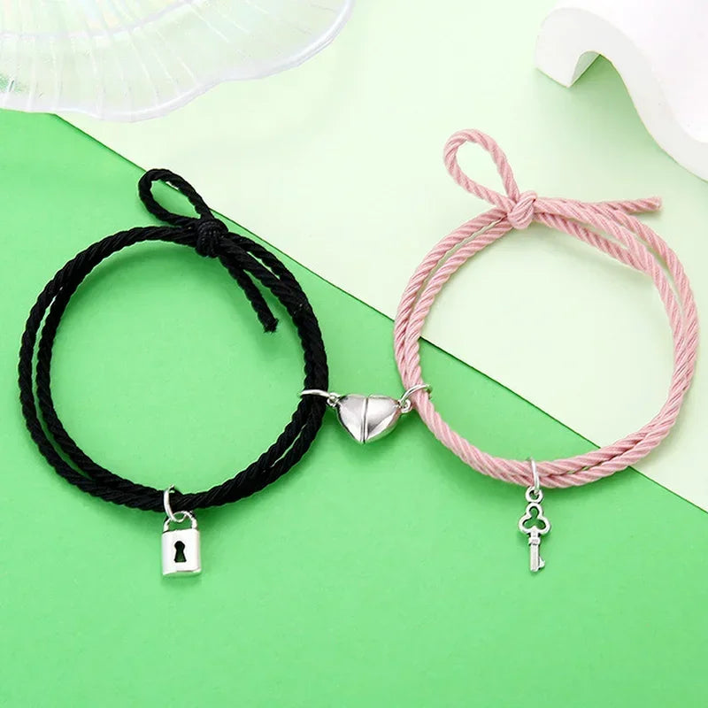 1Pair Magnetic Bracelet Lock Heart Charms Attract Couple Bracelets for Lover Friend Men Women Braid Rope Bracelets Jewelry Gift