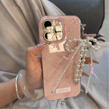 Qfdian  New Korea Bow Illustration Phone Case，For IPhone 16 15 14 13 12 17 Pro Max Mini Plus 16E 17 AIR，Pearl Pendants Cover Cases