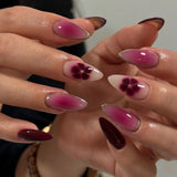 Qfdian  24pcs Sweet Pink Flower Press On Nails Glossy Short Almond Full Cover Stick-on Nails Gold Stripe Blush Artificial False Nails