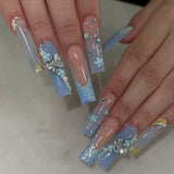 Qfdian 24Pcs Extra Long Square Fake Nail with Glue 3D Little Bear Bow Design False Nails White French Press on Nails Wearable Manicure