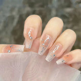 Qfdian  24pcs Floral Coffin Nails Set Press on Nails Cat Eye Fake Nails Butterfly Flower Design False Nails Wearable Manicure Nail Tips