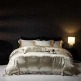 Qfdian 4Pcs Champagne Silk Damask Jacquard Egyptian Cotton Patchwork Luxury Bedding Set Duvet Cover Flat/Fitted Bed Sheet Pillowcases
