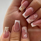 Qfdian  24Pcs Short Square Coffin False Nails Square Fake Nails with Glue French Glitter Wearable Acrylic Nails Set Press on Nail Tips