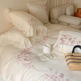 Qfdian 4Pcs Flowers Embroidery Lace Ruffles Princess Wedding Bedding Set Egyptian Cotton Duvet Cover Bed Sheet/Fitted Sheet Pillowcases