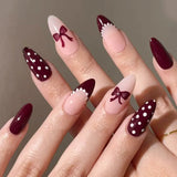 Qfdian  24pcs Mid-length Almond Fake Nail Art Wine Red French Nails Tips Bow Polka Dot Design False Nail Set Sweet Cherry Press on Nails