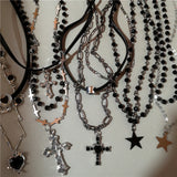 Qfdian  Punk Y2K Metal Cross Star Black Heart Pendant Multi Layer Bead Necklace For Women Men Vintage Gothic Charm Grunge Jewelry Gift