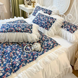 Qfdian 100% Cotton White Princess Bedding Sets Luxury Flowers Printing Lace Embroidery Ruffles Duvet Cover Bed Skirt Pillowcases 4/6Pcs