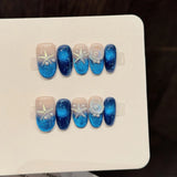 Qfdian  10Pcs Short Oval Handmade Fake Nails with Star-fish Pearl Decor Glossy Blue Theme Press On Nails Wearable False Nail Tips
