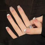 Qfdian  10Pcs Sweet Heart Nail Glitter Diamond Fake Nails Cute French Short Square Press on Nails Cat Eye Pearl Fake Nails Nude Natural
