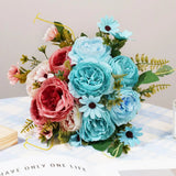 Qfdian  Decorative Flowers Silk Peony Artificial Daisy High Quality Red Bride Bouquet Wedding Decor Fake Flower Home boda Accessories