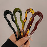 Qfdian U-Shaped Hair Fork Fashion Tortoiseshell Acetate Acrylic Hairpin Geometric Design Headwear Hair Sticks Women Girls