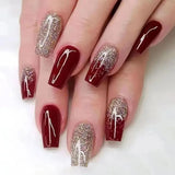 Qfdian  24pcs Glitter Ballet False Nail Simple Wine Red Mid-length Coffin Fake Nail Wearable Simple Shiny Powder Design Press on Nails