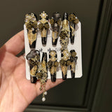 Qfdian  Black Gold Luxury Press-on Nails Made of Polyester Fiber with Dark and Luxurious Style Convenient and Fast to Wear Durable