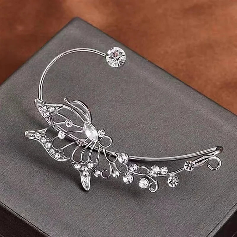 Korean Fashion Zircon Butterfly Elf Ear Cuff for Women Sparkling Zircon Crystal Without Piercing Clip Earrings Wedding Jewelry