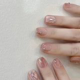 Qfdian 24Pcs Simple False Nails with Glue Short Almond Fake Nails Glitter Aurora Round Head Full Cover Nail Tips Oval Press on Nails