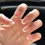Qfdian 24Pcs Nude White French Fake Nail Short Square Nail Tips Fashion Wearable False Nails with Glue Simple Full Cover Press on Nails