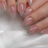 Qfdian 24Pcs Short Round Head False Nails Glitter Pink Almond Fake Nails Strawberry Full Cover Press on Nails Wearable Nail Tips