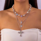 Qfdian  Y2K Choker Necklace Multilayer Chain with Love Heart Jesus Cross Pendant Rhinestone Pearl Y2K Jewelry for Women Birthday Gift