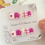 Qfdian 10pcs Handmade Press on Nails Round Head Fake Nails Cute Strawberry False Nails Kawaii Short Full Cover Finger Tips Manicure Art