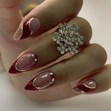 Qfdian  24pcs Short Almond Sweet Cool Press on Nails Glitter French Nail Art 3D Metal Star Stick on Nails Brown Gradient Rhinestone Nail