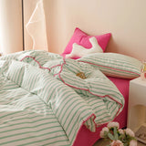 Qfdian  Striped Girls Flower Bedding Sets, Washed Cotton Bed Linens, Soft Quilt Cover Sheet Set, Simple Bedspread, Home Textiles