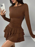 Qfdian  Autumn Bodycon Dress Women Solid Color Slim Fit Mini Dress Elegant Flare Sleeve High Waist Cascading Ruffles Sexy Party Dresses