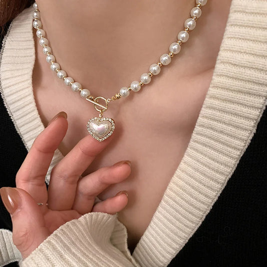Elegant Big White Imitation Pearl Bead Necklace for Women Crystal Heart Shell Pendant Sweet Wedding Party Jewelry Collier Femme