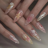 Qfdian 24pcs French Press on Nails Art Simple Pink Flower Star Design False Nail Tips Finished Mid-length Almond Fake Nail Set Manicure