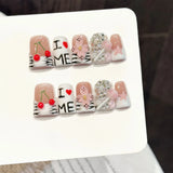 Qfdian  10Pcs Sweet Cool Pink Flower Design Fake Nails Duckbilled French Handmade Press on Nails Heavy Metal European False Nail Tips