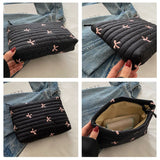 Qfdian Cute Makeup Bag with Zipper Large Capacity Cosmetic Bag Embroidery Bow Wash Storage Bag