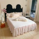 Qfdian 3/4Pcs Pink Korean Princess Style Lace Ruffles Bedding Set Single Queen Duvet Cover Bed Skirt/Bed Sheet/Fitted Sheet Pillowcases